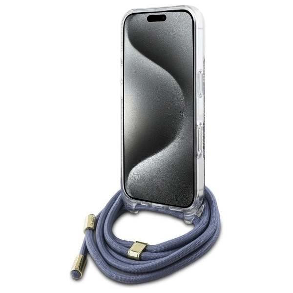 Etui Guess Crossbody Cord 4G Print ze smyczą na iPhone 16 Pro - niebieskie