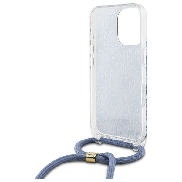 Etui Guess Crossbody Cord 4G Print ze smyczą na iPhone 16 Pro - niebieskie