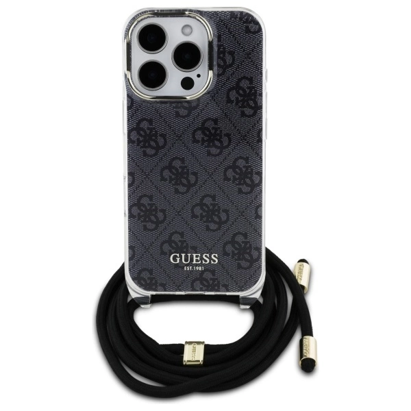 Etui Guess Crossbody Cord 4G Print ze smyczą na iPhone 16 Pro - czarne