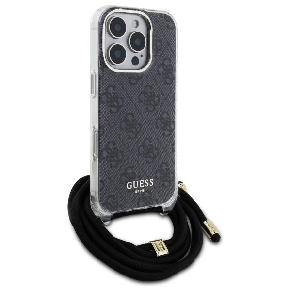 Etui Guess Crossbody Cord 4G Print ze smyczą na iPhone 16 Pro - czarne