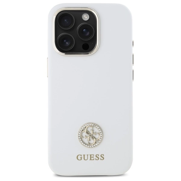 Etui Guess Silicone Logo Strass 4G na iPhone 16 Pro - białe