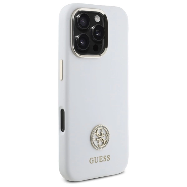 Etui Guess Silicone Logo Strass 4G na iPhone 16 Pro - białe