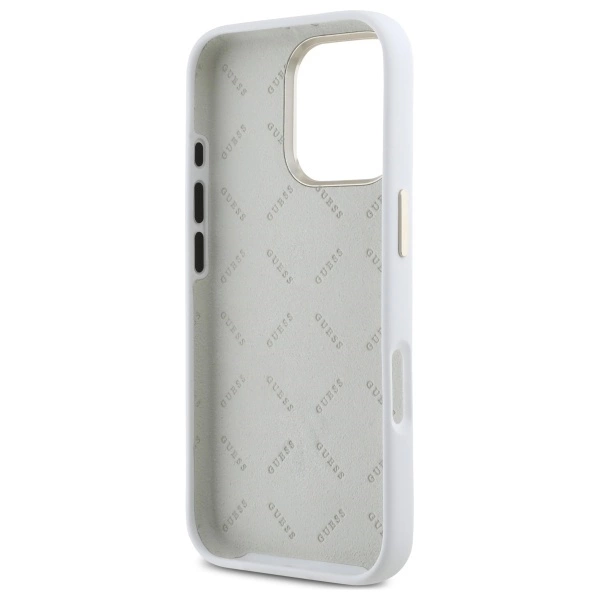 Etui Guess Silicone Logo Strass 4G na iPhone 16 Pro - białe