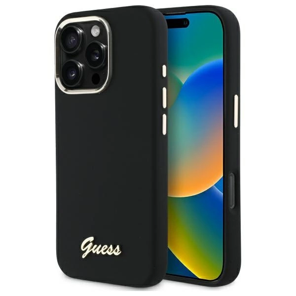 Etui Guess Silicone Script Metal Logo & Frame na iPhone 16 Pro - czarne