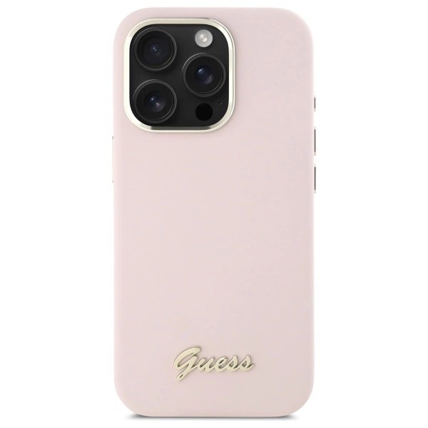 Etui Guess Silicone Script Metal Logo & Frame na iPhone 16 Pro - różowe