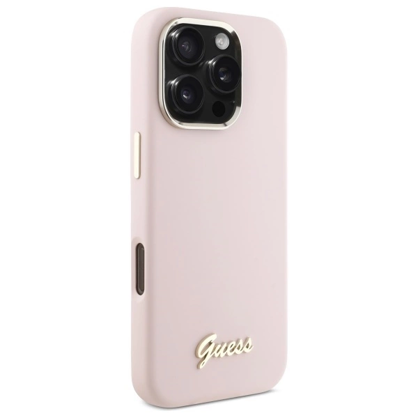 Etui Guess Silicone Script Metal Logo & Frame na iPhone 16 Pro - różowe