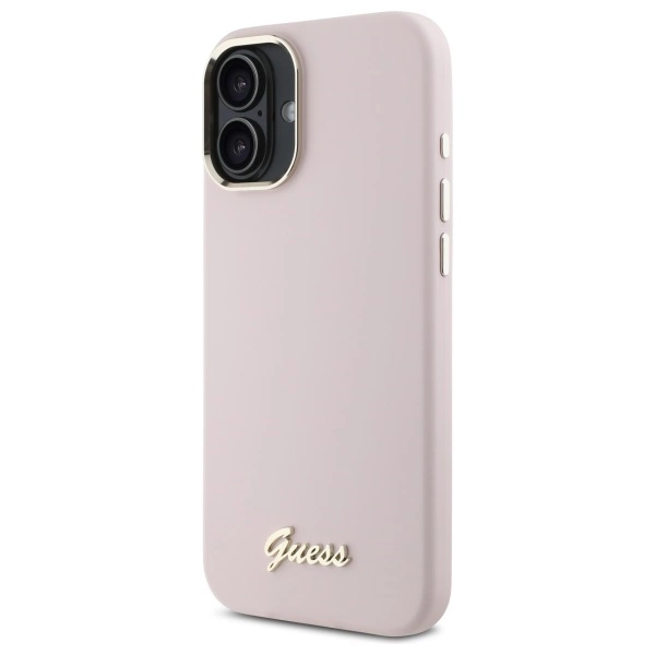Etui Guess Silicone Script Metal Logo & Frame na iPhone 16 Plus - różowe