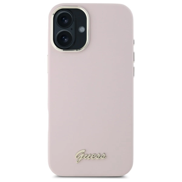 Etui Guess Silicone Script Metal Logo & Frame na iPhone 16 Plus - różowe