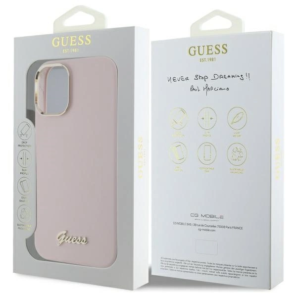 Etui Guess Silicone Script Metal Logo & Frame na iPhone 16 Plus - różowe