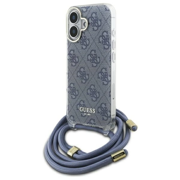 Etui Guess Crossbody Cord 4G Print ze smyczą na iPhone 16 - niebieskie
