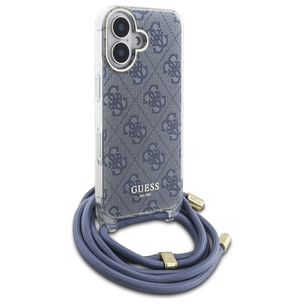 Etui Guess Crossbody Cord 4G Print ze smyczą na iPhone 16 - niebieskie