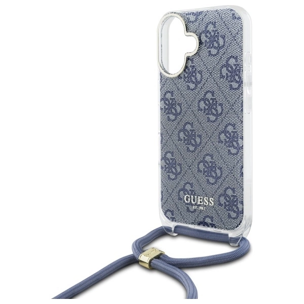 Etui Guess Crossbody Cord 4G Print ze smyczą na iPhone 16 - niebieskie