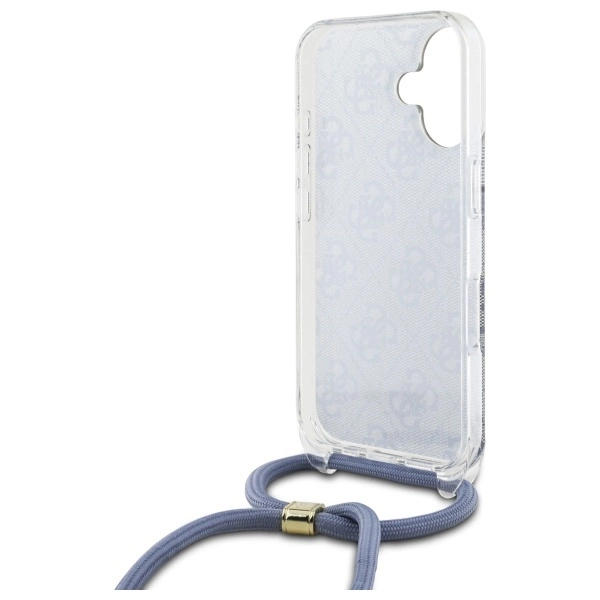 Etui Guess Crossbody Cord 4G Print ze smyczą na iPhone 16 - niebieskie