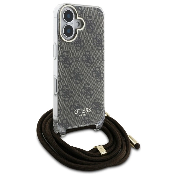 Etui Guess Crossbody Cord 4G Print ze smyczą na iPhone 16 - brązowe