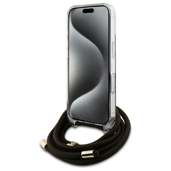 Etui Guess Crossbody Cord 4G Print ze smyczą na iPhone 16 - brązowe