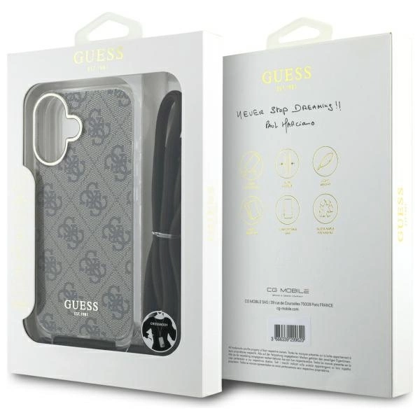 Etui Guess Crossbody Cord 4G Print ze smyczą na iPhone 16 - brązowe