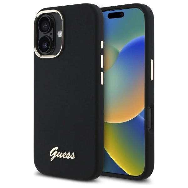 Etui Guess Silicone Script Metal Logo & Frame na iPhone 16 - czarne