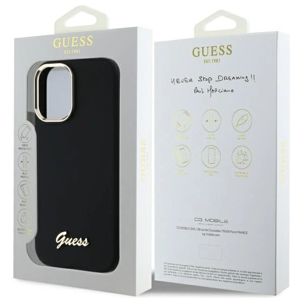 Etui Guess Silicone Script Metal Logo & Frame na iPhone 16 - czarne