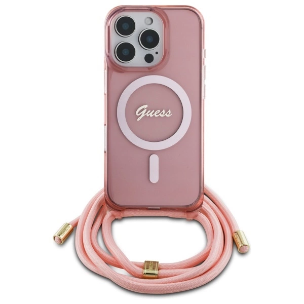 Etui Guess Crossbody Cord Script MagSafe na iPhone 16 Pro - różowe