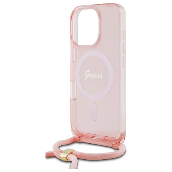 Etui Guess Crossbody Cord Script MagSafe na iPhone 16 Pro - różowe