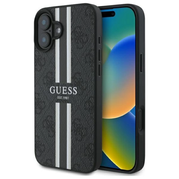 Etui Guess 4G Printed Stripes MagSafe na iPhone 16 - czarne