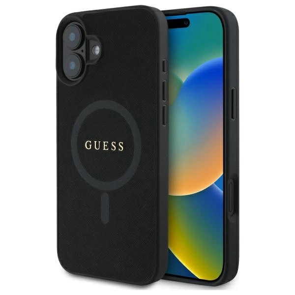 Etui Guess Saffiano Classic Logo MagSafe na iPhone 16 - czarne