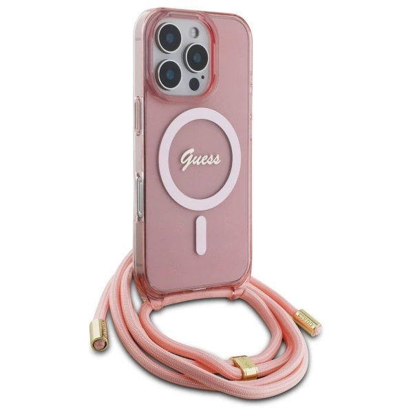 Etui Guess Crossbody Cord Script MagSafe na iPhone 16 Pro Max  - różowe