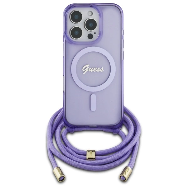 Etui Guess Crossbody Cord Script MagSafe na iPhone 16 Pro Max - fioletowe