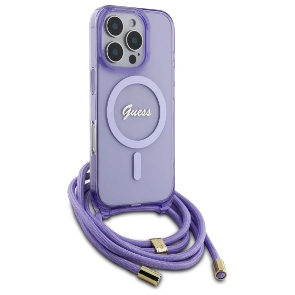 Etui Guess Crossbody Cord Script MagSafe na iPhone 16 Pro Max - fioletowe