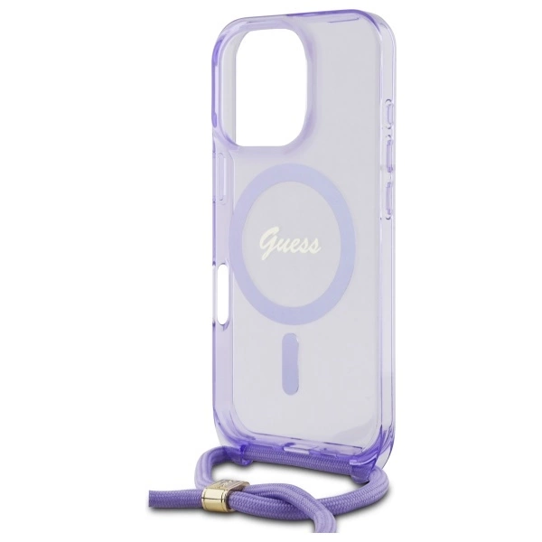 Etui Guess Crossbody Cord Script MagSafe na iPhone 16 Pro Max - fioletowe