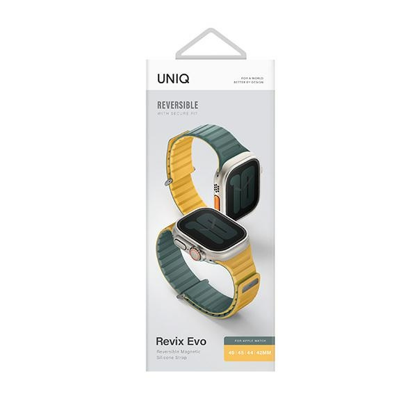 UNIQ pasek Revix Evo Apple Watch Series1/2/3/4/5/6/7/8/9/SE/SE2/Ultra/Ultra2 42/44/45/49mm Reversible Magnetic zielono-żółty/viridian green-burnt yellow