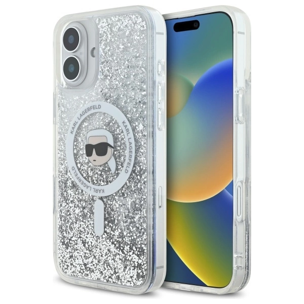 Etui Karl Lagerfeld Liquid Glitter Karl Head Magsafe na iPhone 16 Plus - przezroczyste