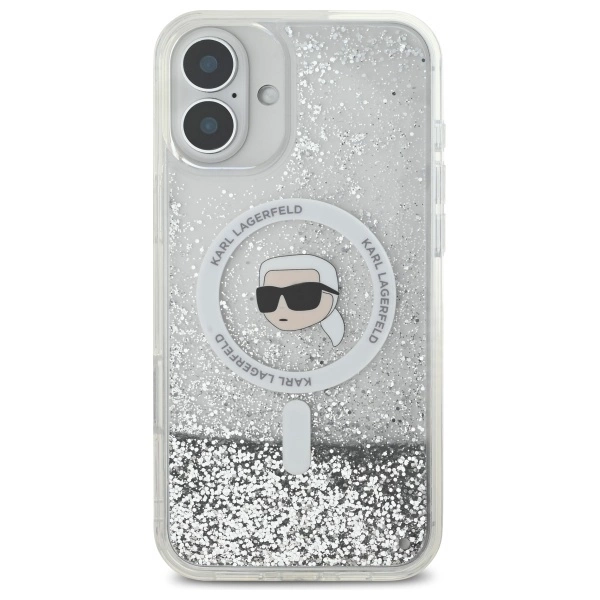 Etui Karl Lagerfeld Liquid Glitter Karl Head Magsafe na iPhone 16 Plus - przezroczyste