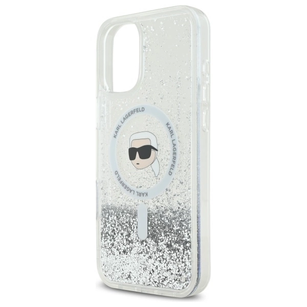 Etui Karl Lagerfeld Liquid Glitter Karl Head Magsafe na iPhone 16 Plus - przezroczyste