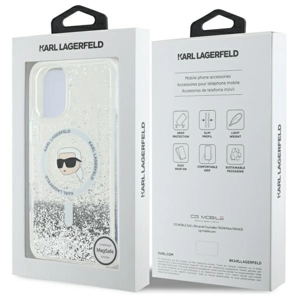 Etui Karl Lagerfeld Liquid Glitter Karl Head Magsafe na iPhone 16 - przezroczyste