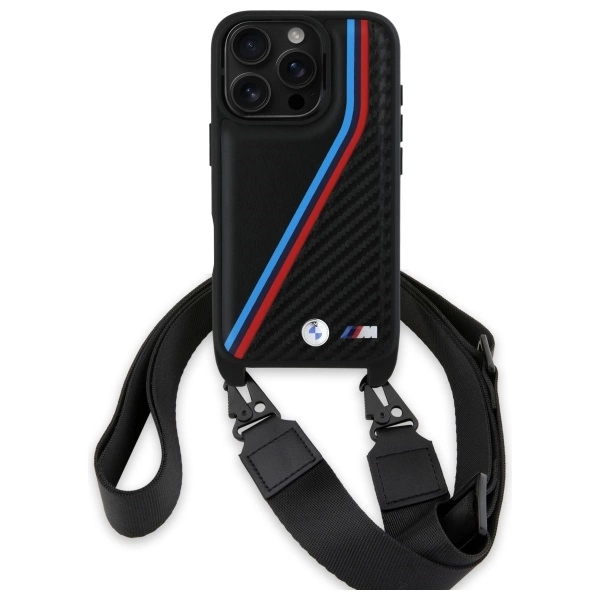 Etui BMW M Edition Carbon Tricolor Lines & Strap na iPhone 16 Pro - czarne