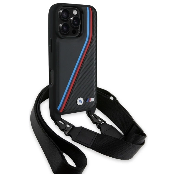 Etui BMW M Edition Carbon Tricolor Lines & Strap na iPhone 16 Pro - czarne