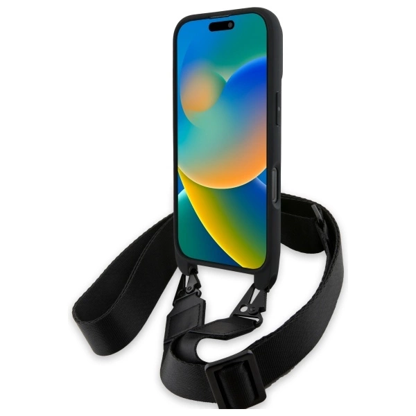 Etui BMW M Edition Carbon Tricolor Lines & Strap na iPhone 16 Pro - czarne