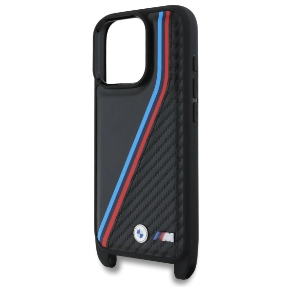 Etui BMW M Edition Carbon Tricolor Lines & Strap na iPhone 16 Pro - czarne