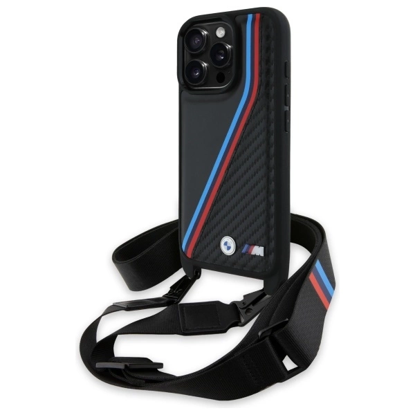 Etui BMW M Edition Carbon Tricolor Lines & Strap na iPhone 16 Pro Max - czarne
