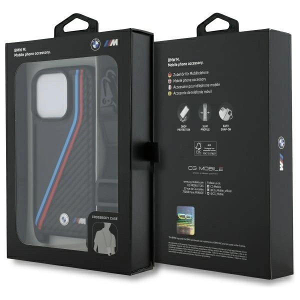 Etui BMW M Edition Carbon Tricolor Lines & Strap na iPhone 16 Pro Max - czarne