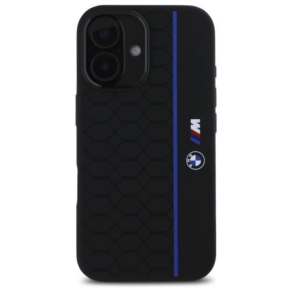 Etui BMW Silicone Hexagon Blue Line MagSafe na iPhone 16 - czarne