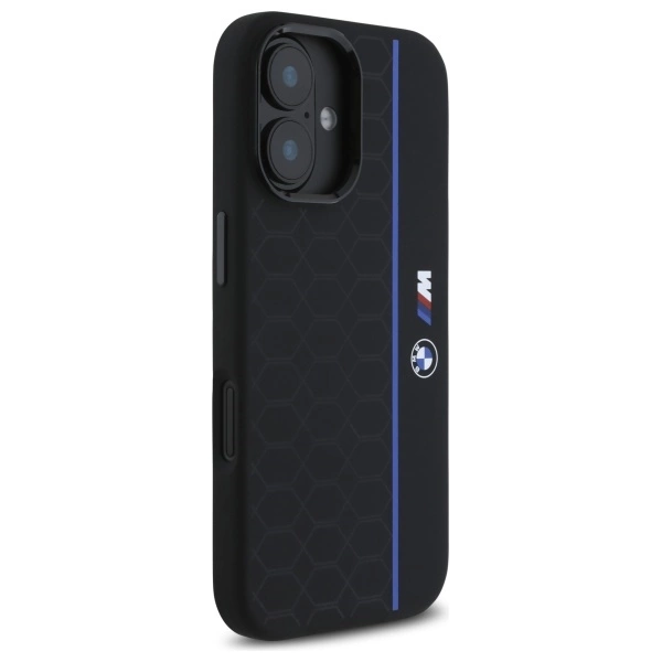Etui BMW Silicone Hexagon Blue Line MagSafe na iPhone 16 - czarne