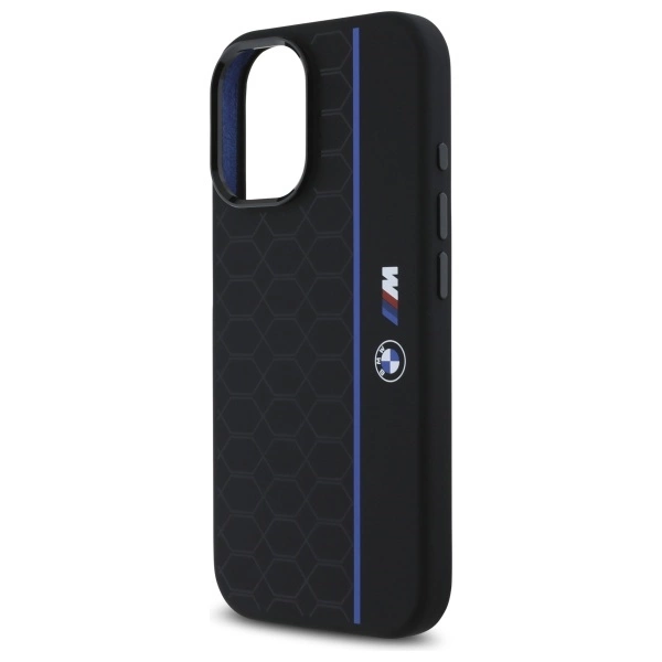 Etui BMW Silicone Hexagon Blue Line MagSafe na iPhone 16 - czarne