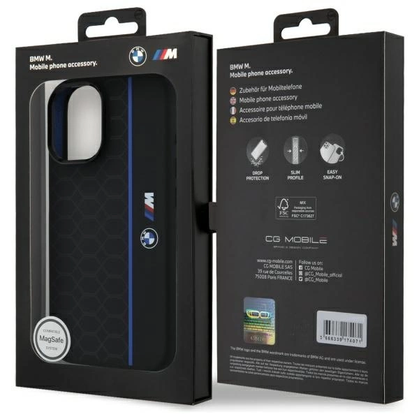 Etui BMW Silicone Hexagon Blue Line MagSafe na iPhone 16 - czarne