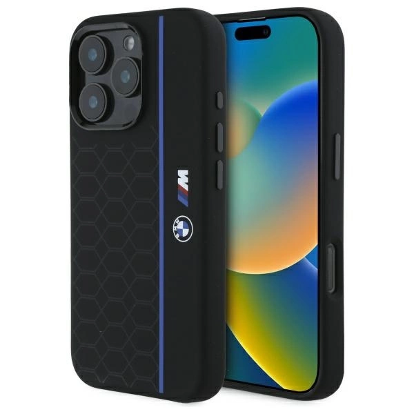 Etui BMW Silicone Hexagon Blue Line MagSafe na iPhone 16 Pro Max - czarne