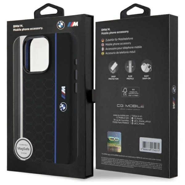Etui BMW Silicone Hexagon Blue Line MagSafe na iPhone 16 Pro Max - czarne