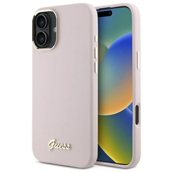 Etui Guess Silicone Script Metal Logo & Frame na iPhone 16 - różowe