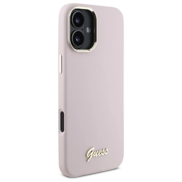 Etui Guess Silicone Script Metal Logo & Frame na iPhone 16 - różowe