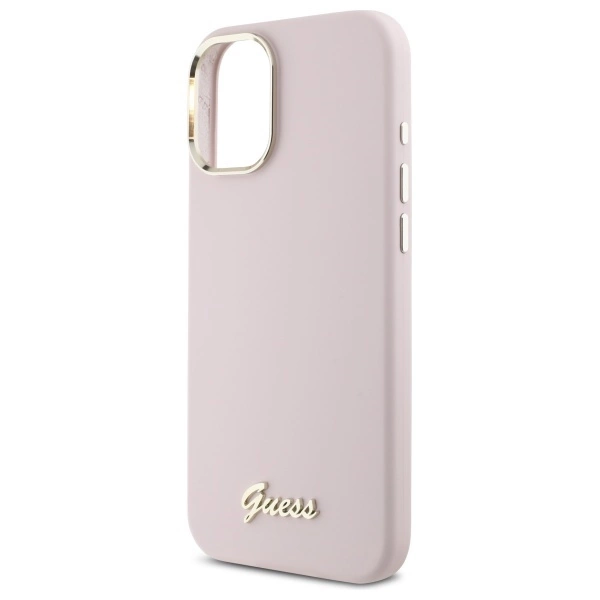 Etui Guess Silicone Script Metal Logo & Frame na iPhone 16 - różowe